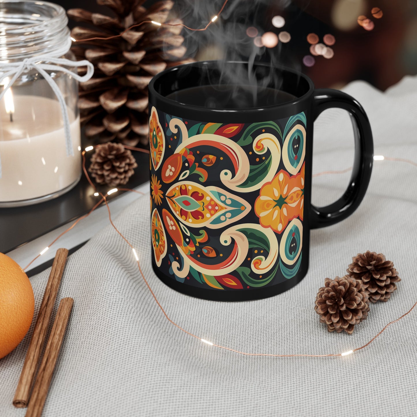 Chai Tea Coffee Black Mug - Vibrant Indian Decor - 11oz or 15 oz - Gift for Festivals, Wedding, Anniversary, Birthdays