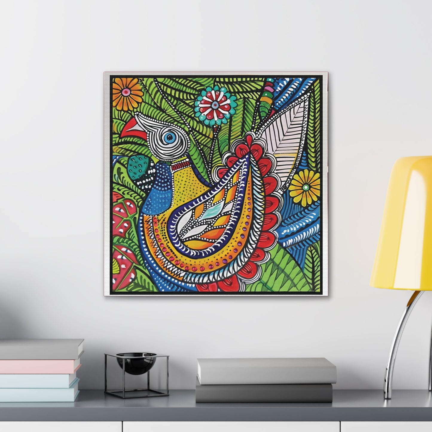 Madhubani Wall Art | 20 X 20 Inch | Indian Home Decor | 100% Cotton Canvas Gallery Wrap | Perfect Gift for Indian Festivals