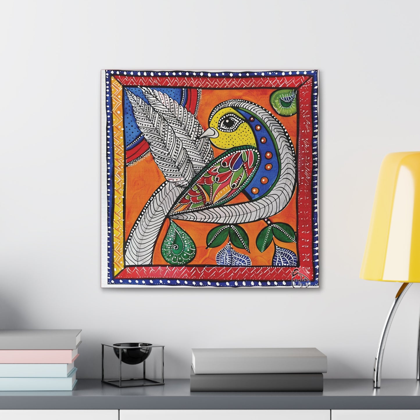 Madhubani Wall Art | 20 X 20 Inch | Indian Home Decor | 100% Cotton Canvas Gallery Wrap | Perfect Gift for Indian Festivals