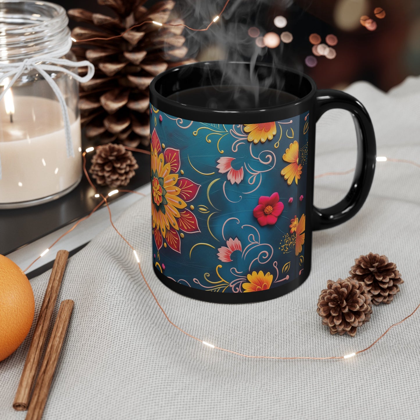 Chai Tea Coffee Black Mug - Vibrant Indian Decor - 11oz or 15 oz - Gift for Festivals, Wedding, Anniversary, Birthdays