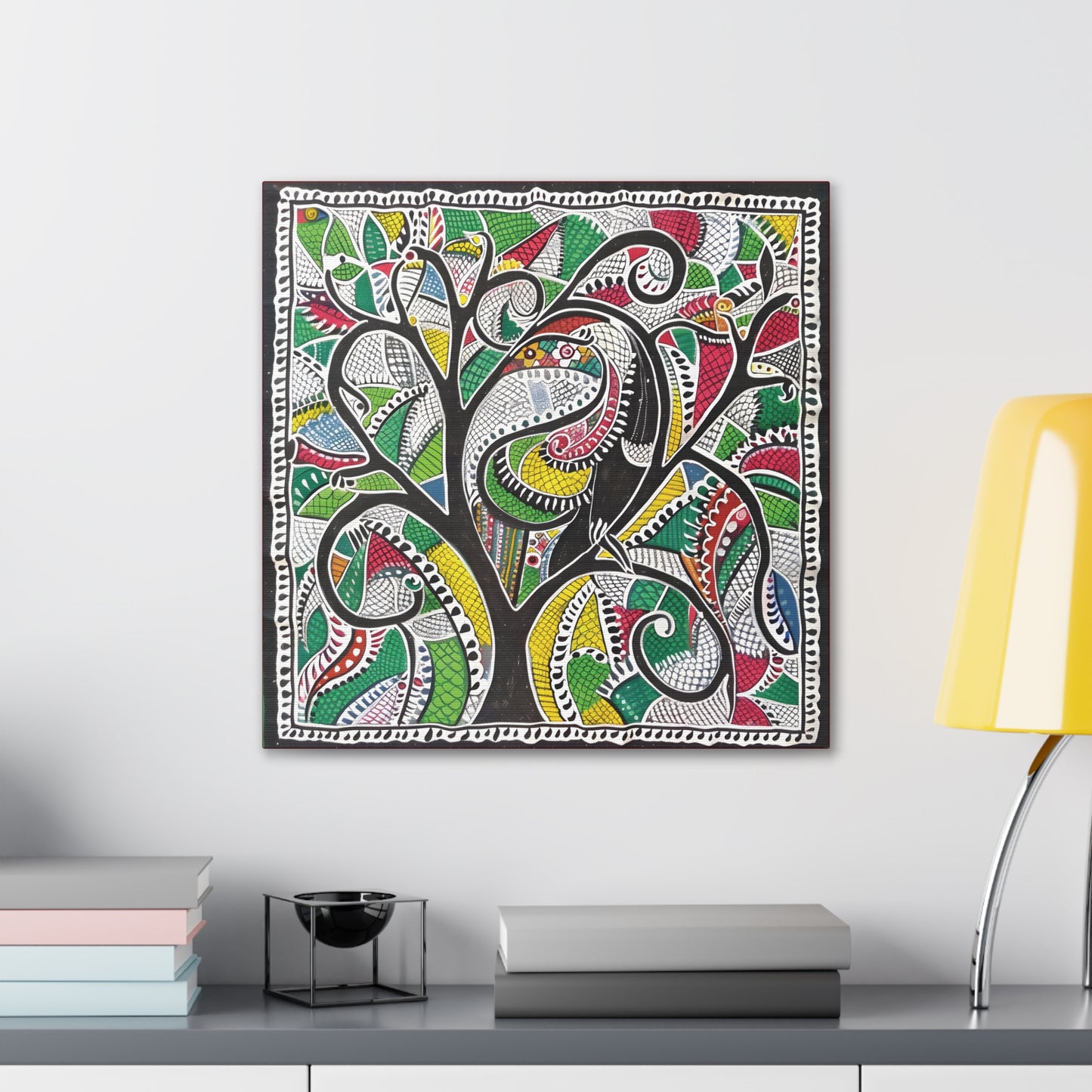 Madhubani Wall Art | 20 X 20 Inch | Indian Home Decor | 100% Cotton Canvas Gallery Wrap | Perfect Gift for Indian Festivals