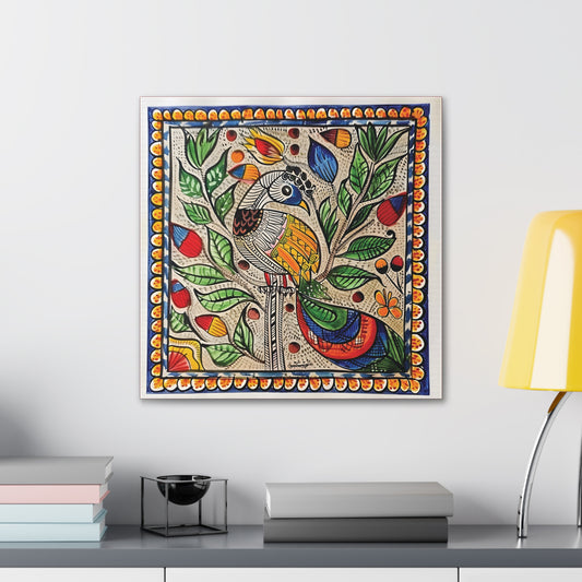 Madhubani Wall Art | 20 X 20 Inch | Indian Home Decor | 100% Cotton Canvas Gallery Wrap | Perfect Gift for Indian Festivals