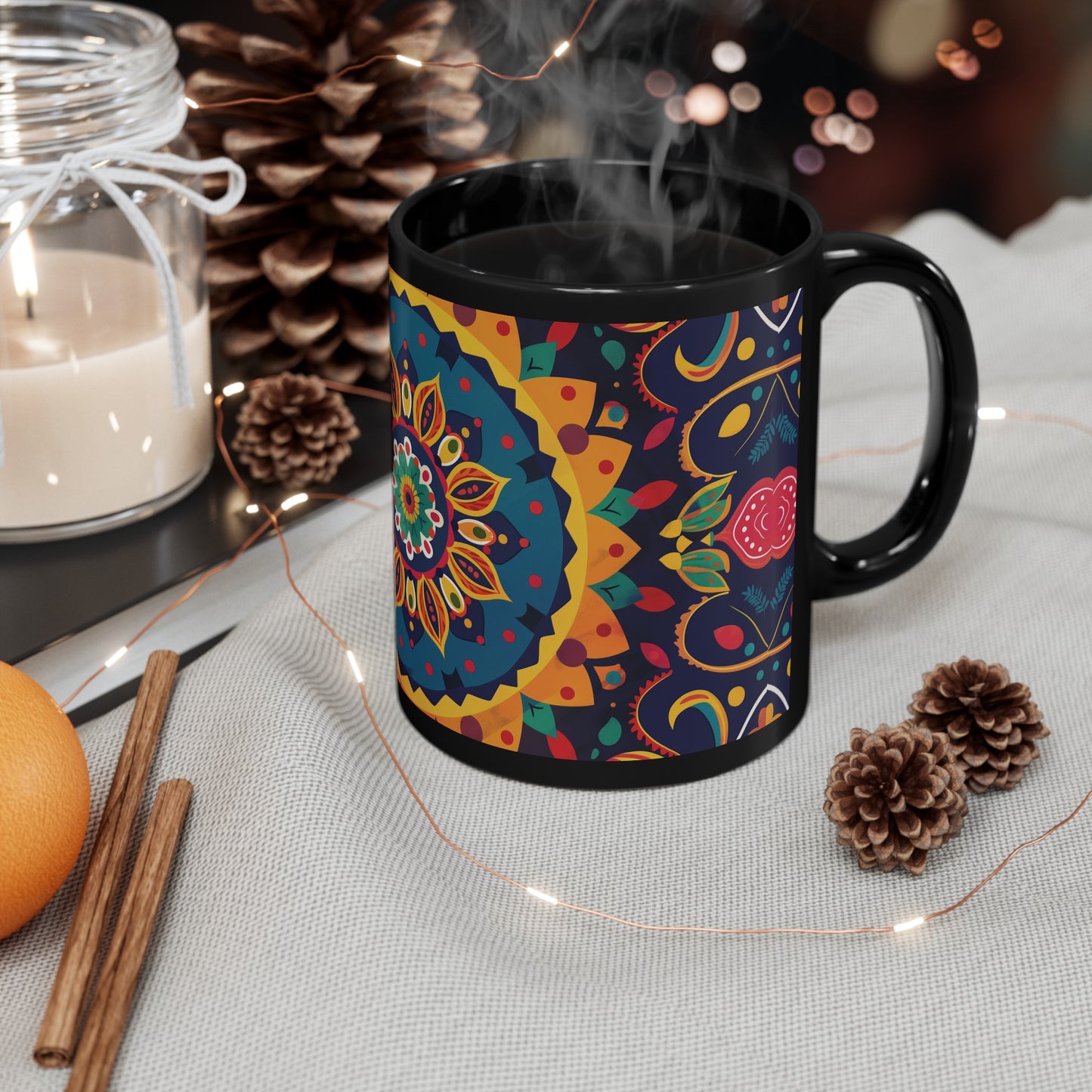 Chai Tea Coffee Black Mug - Vibrant Indian Decor - 11oz or 15 oz - Gift for Festivals, Wedding, Anniversary, Birthdays