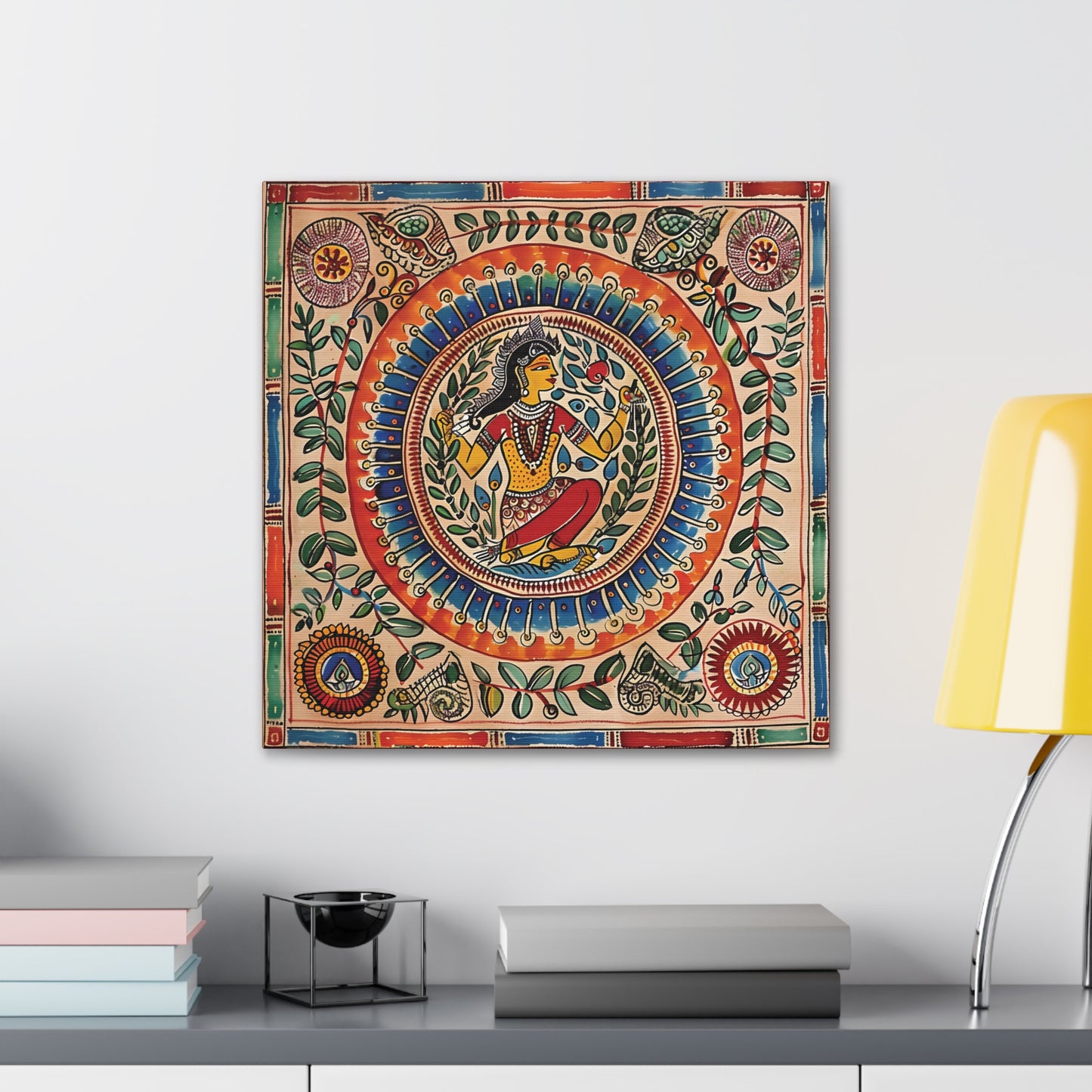 Madhubani Wall Art | 20 X 20 Inch | Indian Home Decor | 100% Cotton Canvas Gallery Wrap | Perfect Gift for Indian Festivals