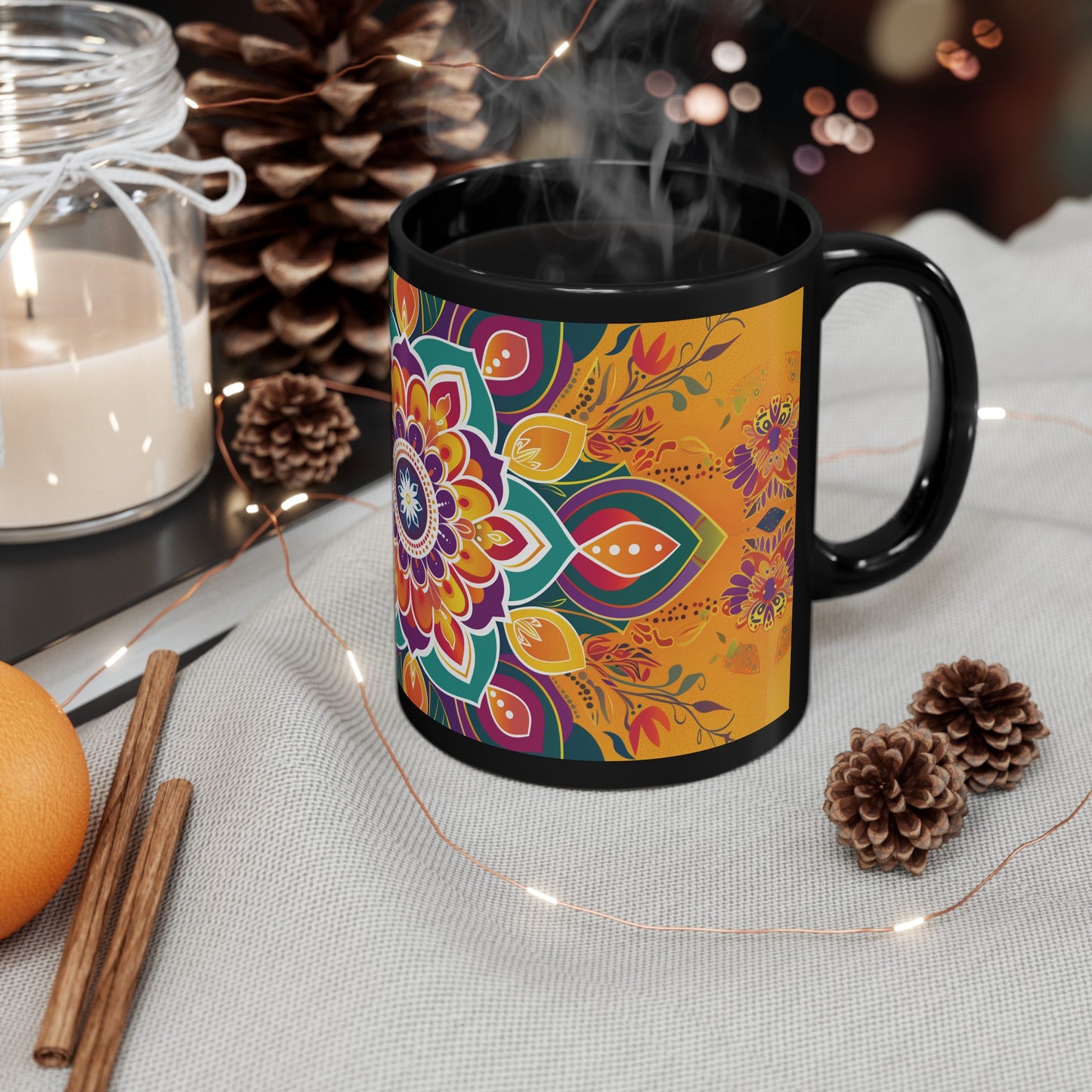 Chai Tea Coffee Black Mug - Vibrant Indian Decor - 11 oz or 15 oz - Gift for Festivals, Wedding, Anniversary, Birthdays