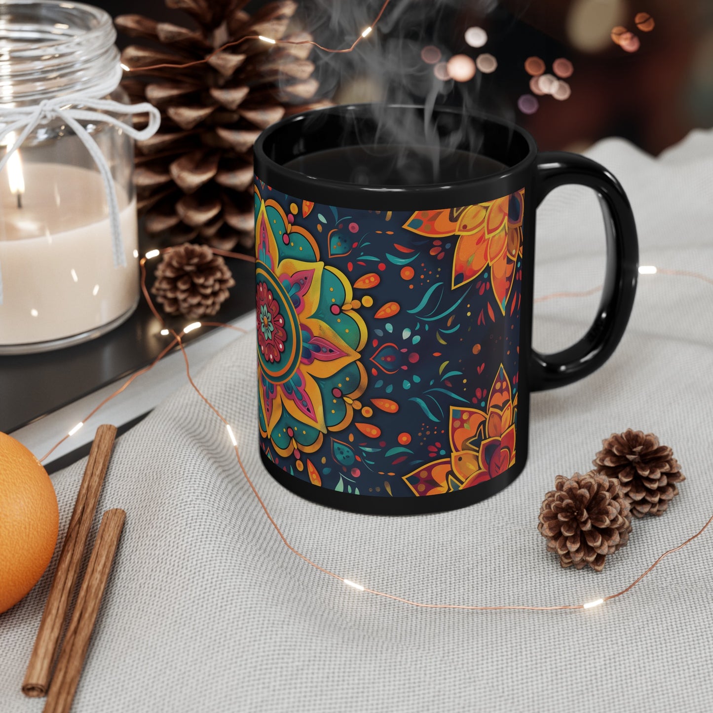 Chai Tea Coffee Black Mug - Vibrant Indian Decor - 11oz or 15 oz - Gift for Festivals, Wedding, Anniversary, Birthdays